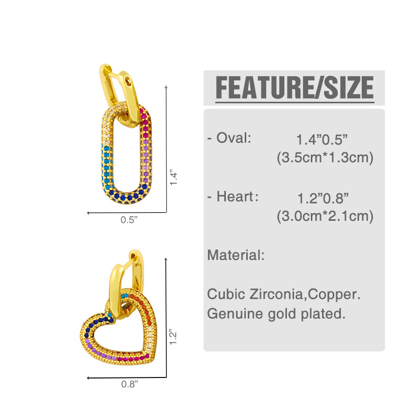 Bohemian Color Zircon Heart Oval Geometric Earrings display picture 2