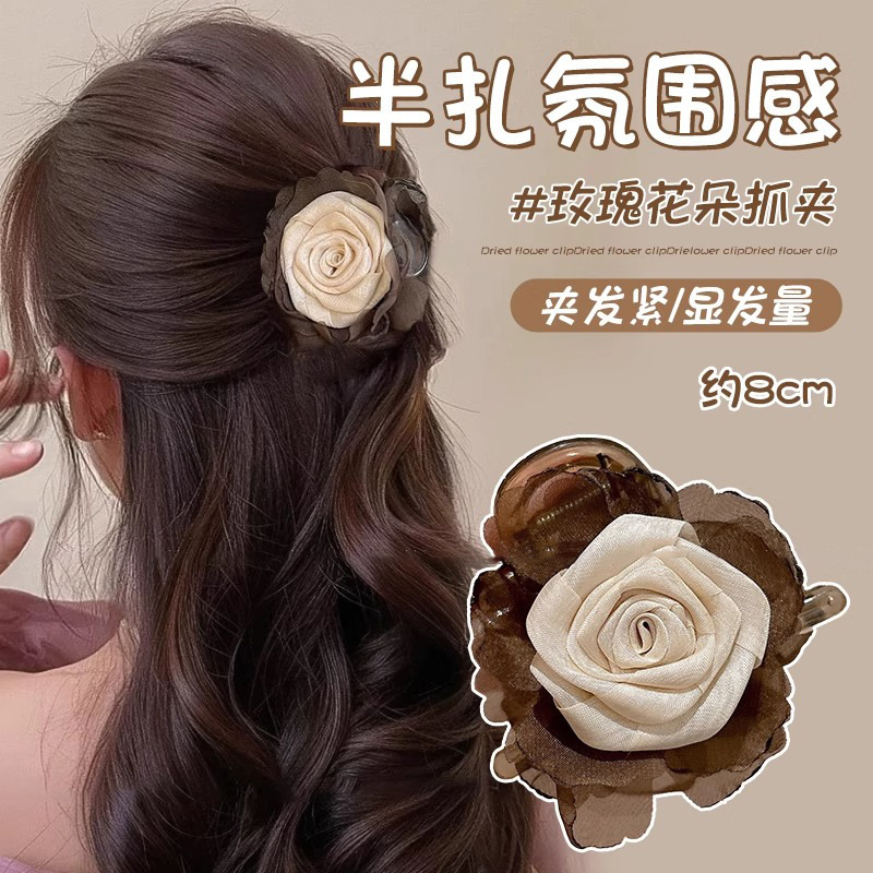 Caro con rosa roja clip de agarre para mujeres 2025 nuevo toque de cabeza de flores de super hadas explosión clip de tiburón