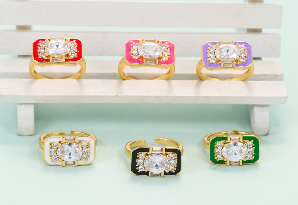Zircon Inlay Material Open Rings Classification Korean Style Square Color Oil Drop Copper Ring Geometric Micro-set Zircon Opening Adjustable Ring