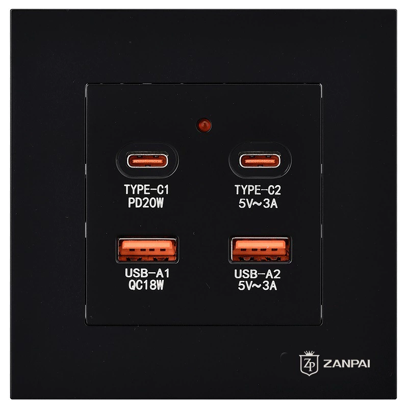 Black 86 dark installation 20W nitrogen nitride socket fast charge USB interface Type-C charging socket panel
