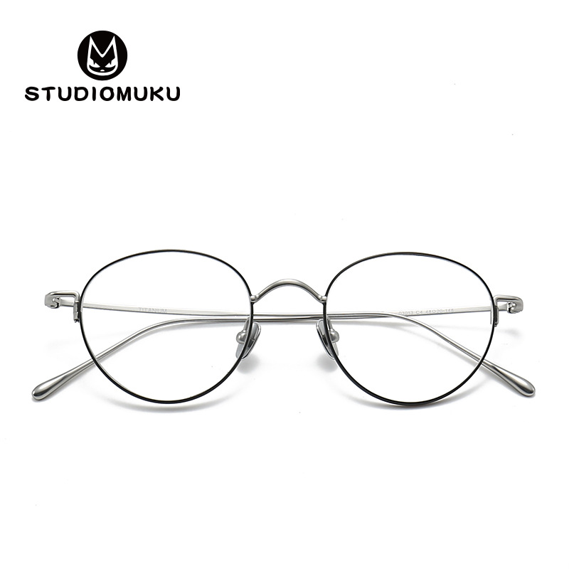 STUDIOMUKU gafas de madera cool, marco redondo de la juventud nacional, marco de gafas de titanio puro, el temperamento de la literatura y el arte, el marco de gafas versátil