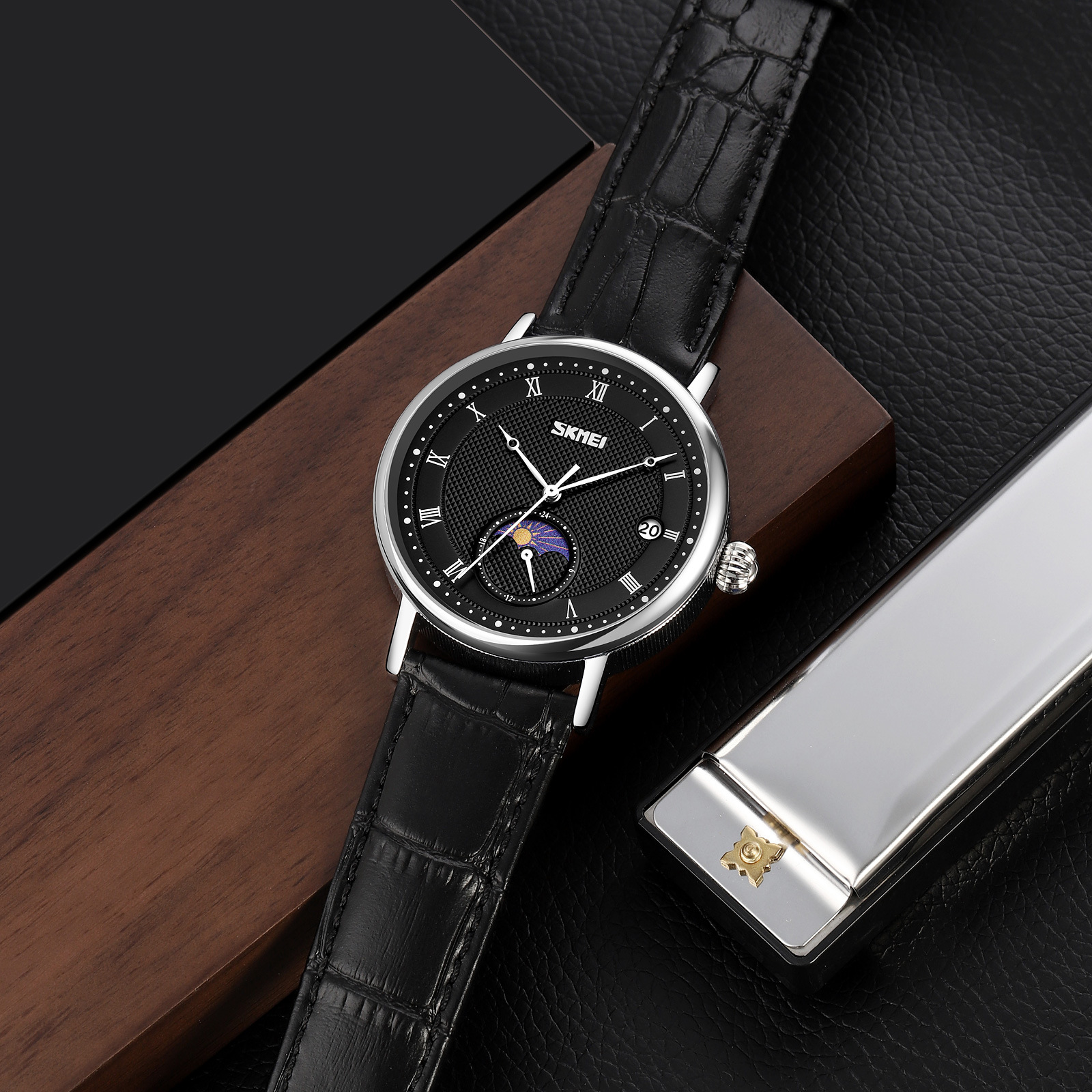 Momento de negocios de los Estados Unidos reloj de hombre correa calendario multifuncional fase lunar relojes de pulsera personalizados transfronterizos fábrica de fuente mayorista