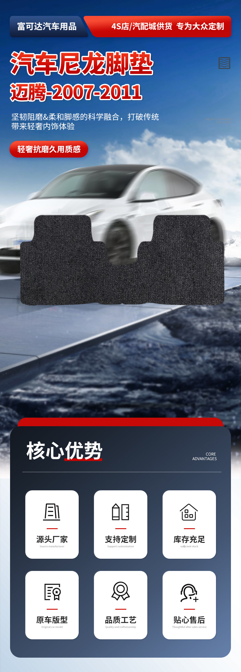 Suitable for Faw-Volkswagen 07-11 Magotan Nylon Car Floor Mats Nylon Trunk Mat Black Anti-Dirty Floor Mats
