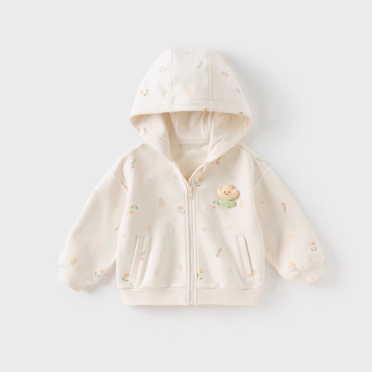 Spring and Autumn Girls' Clothing Jackets Baby Fashionable Children's Personalized Trendy Sweet Korean Style Floral Cartoon Hooded Sweater Cardigan