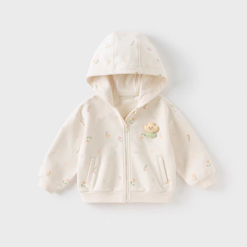 Spring and Autumn Girls' Clothing Jackets Baby Fashionable Children's Personalized Trendy Sweet Korean Style Floral Cartoon Hooded Sweater Cardigan