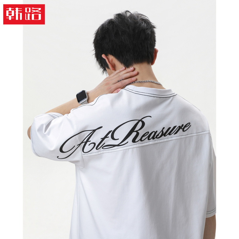 Back Split Design Pure Cotton Short-Sleeved T-Shirt for Men, Summer Trendy Brand, Casual American-Style Printed Half-Sleeved T-Shirt Q
