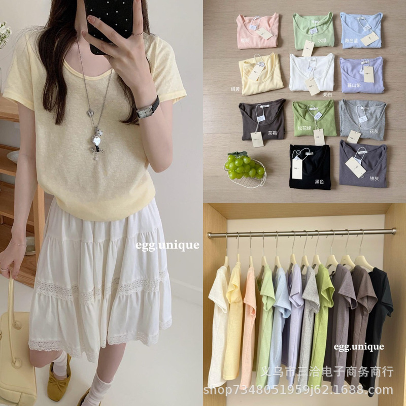 Linen-Like Sheer Egg.Unique New Short-Sleeved V-Neck Versatile 11-Color Casual Loose Top for Girls on the Go Linen-Like Sheer Egg.Unique New Short-Sleeved V-Neck Versatile 11-Color Casual Loose Top for Girls on the Go