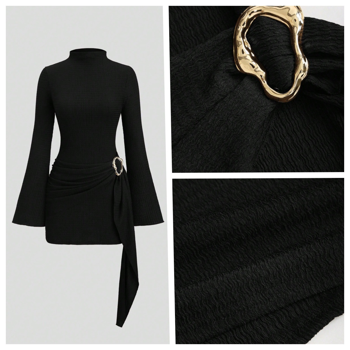 Robe midi ajustée avec col montant et boucle de ceinture_voghion.com