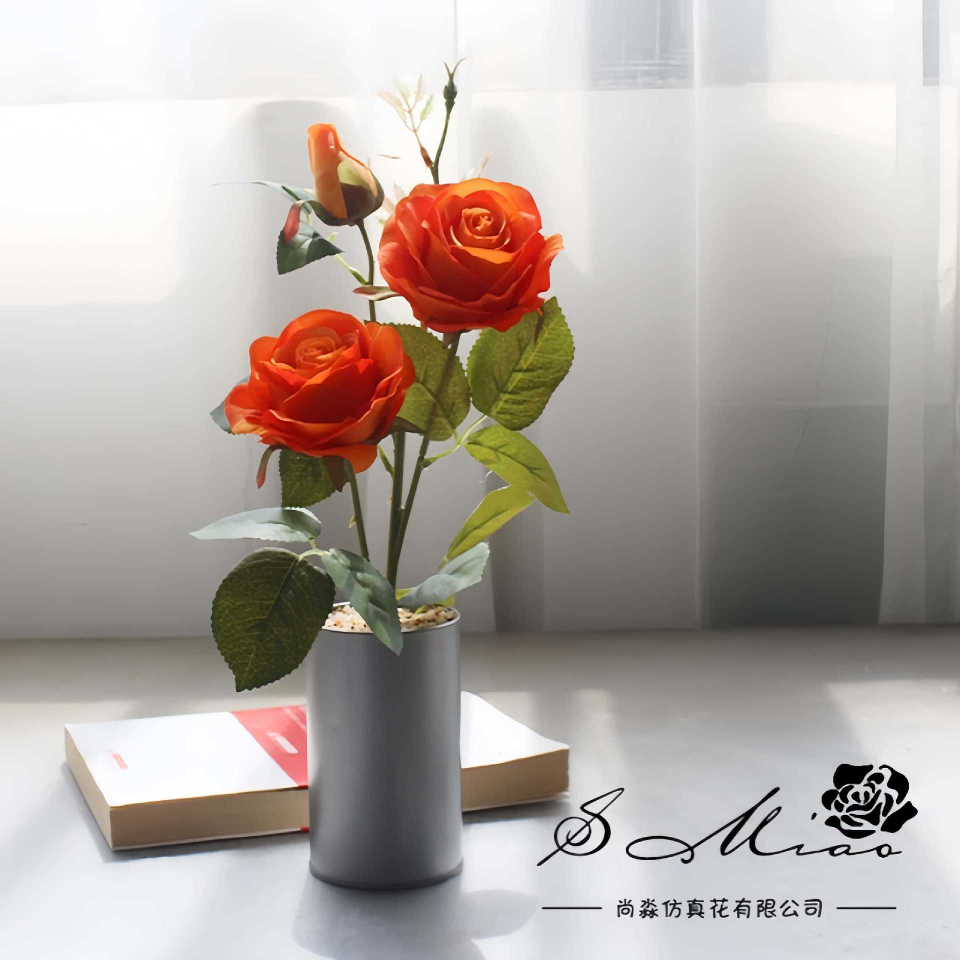 Flores simuladas de tres cabezas de rosa pequeña decoración creativa bonsai fábrica de decoración directa para plantas verdes artificiales falsas macetas simuladas image 8