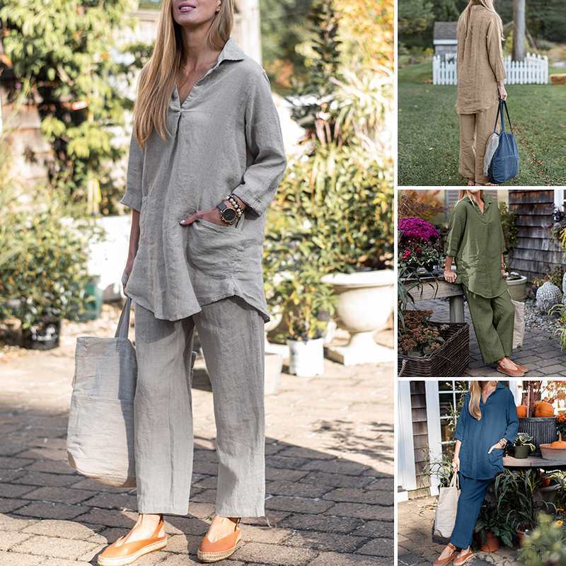 2023 Amazon suit Loose Laps Long Sleeve Shirt Wide Leg Pants Solid Color Elegant Casual Vintage suit