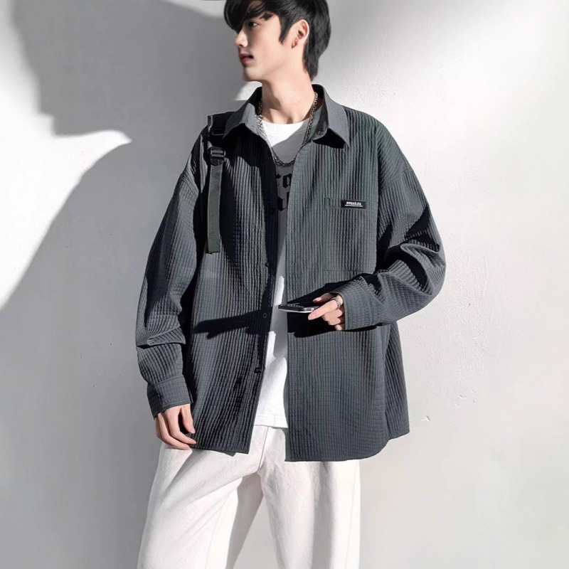 Waffle Long-Sleeved Shirt Men's Autum Trendy Hong Kong Style Loose White Shirt Casual Men's Spring and Autum Outerwear Waffle Long-Sleeved Shirt Men's Autum Trendy Hong Kong Style Loose White Shirt Casual Men's Spring and Autum Outerwear