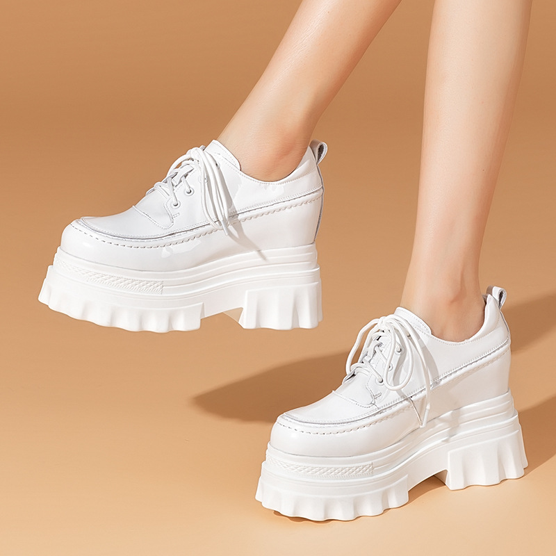 Giày platform đế dày da thật phong cách Anh, tăng chiều cao bên trong 10 cm — Màu đen