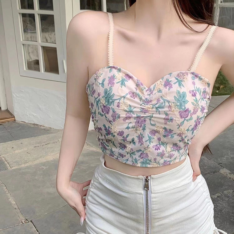 Hong Kong-style Retro Sweet Floral Short Pleated Sling Women's 2023 Summer Slim-fit Slimming Chest Wrapping Small Vest