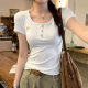 navy blue Embroidered Shoulder Short-sleeved T-shirt Women's 2025 Summer New American Style Pure Desire Spice Girl Slimming Round Neck Top