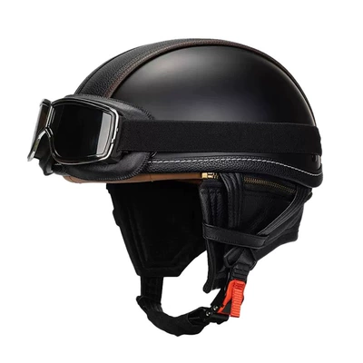 Motosiklet kaskı (dəbilqə), Scoop Helmet Adult Handmade Leather Helmet - matte-black-leather-square-retro-mirror-s