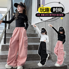 女童甜酷短款上衣套裝2024春季新款洋氣女孩工裝褲韓版百搭春秋裝