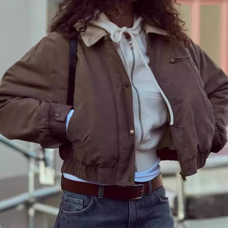 Autumn and Winter New European and American Retro Loose Short Cotton-padded Jacket Maillard Wear Cotton-padded Jacket Contrast Collar Women's Cotton-padded Clothes