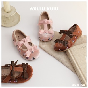 Xshx "Medieval Floral" Retro Girls Ballet Shoes Mary Jane Velcro Spring and Autumn Shoes [Wenzhou Shoes]