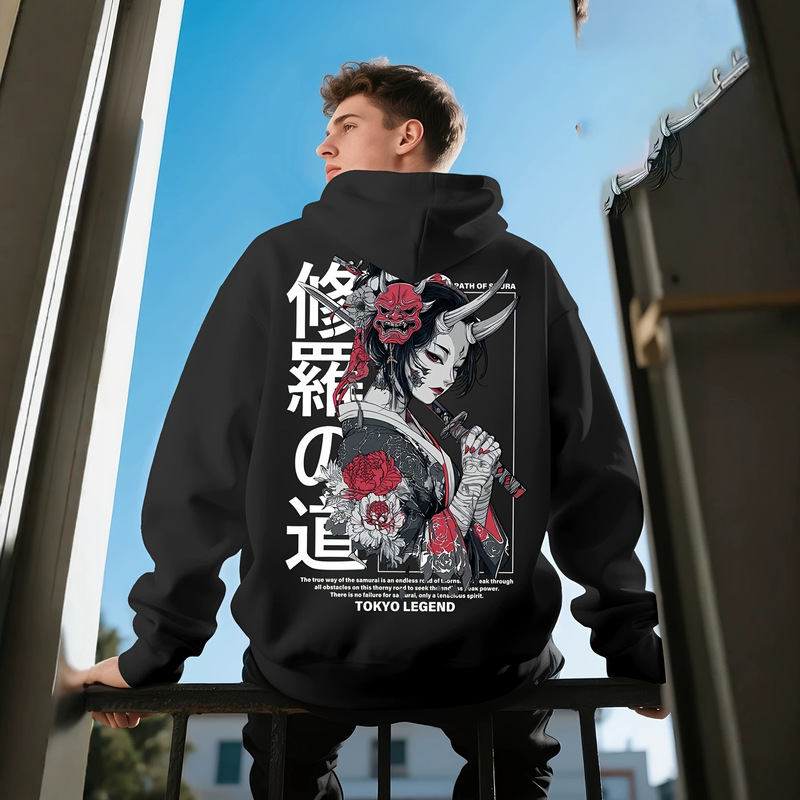 Japanese-Style Hannya Warrior Girl Print Hooded Sweatshirt, European and American Loose Fit Drop Shoulder Unisex Jacket Hoodie