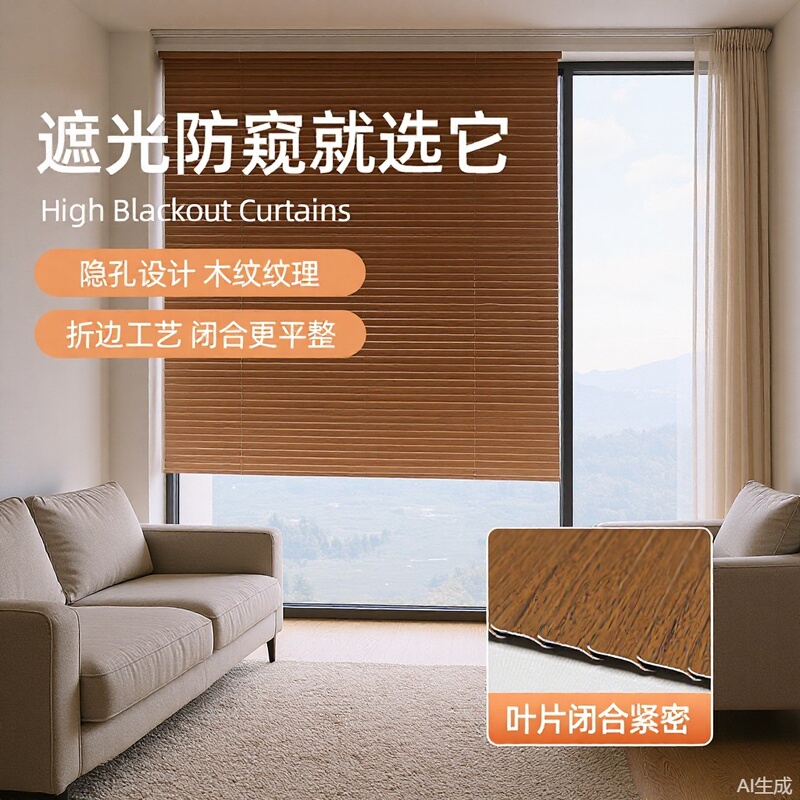 L-Shaped Aluminum Alloy Wood Grain Blinds, No-Drill Sunshade Curtains for Bathroom, Kitchen, Waterproof Office Thickened Curtains