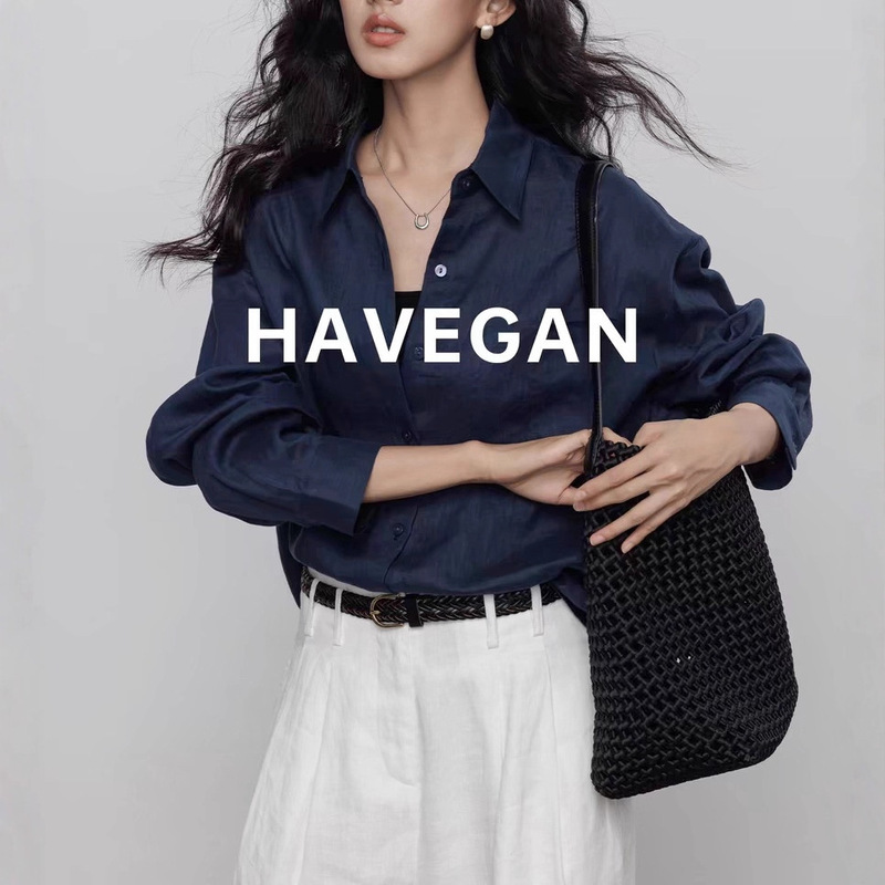 Havegan/Autumn Linen Navy Blue Long Sleeve Shirt for Women, Vintage High-End Commuter Old Money Style Top