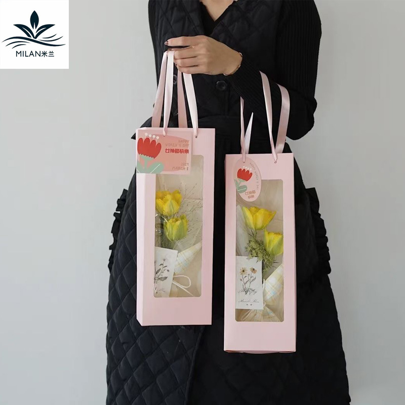 三八节新品ins透明橱窗手提袋鲜花花束包装开窗袋长方纸袋礼品袋