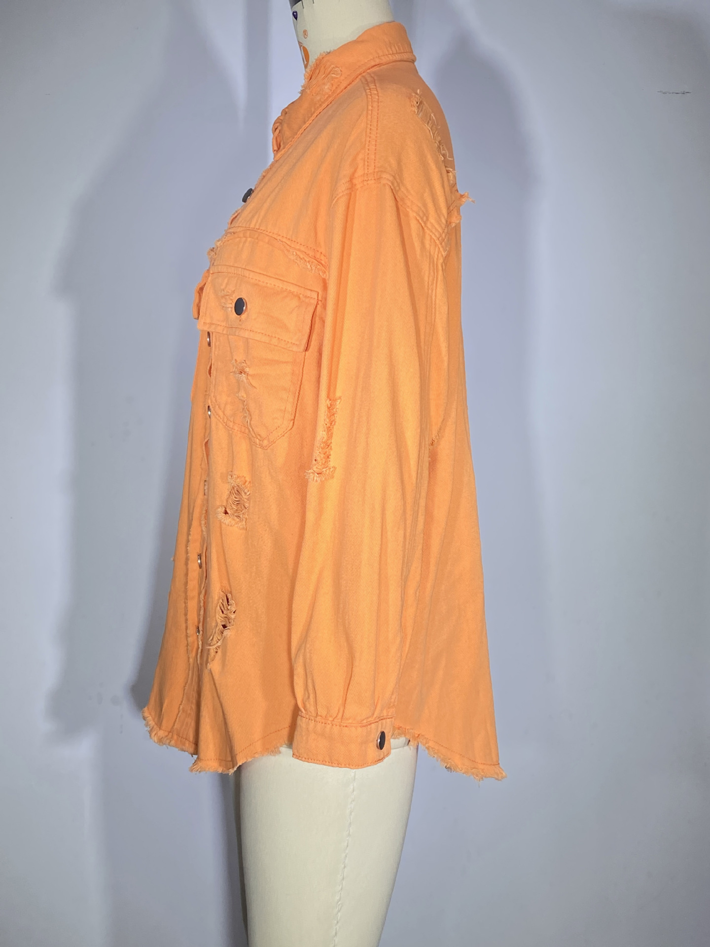 Giacca di jeans donna con volant strappata bavero manica lunga_voghion.com