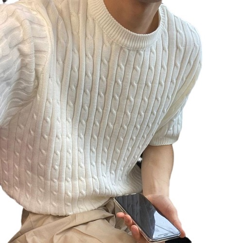 White Knit Short-Sleeve T-Shirt for Men - Spring and Summer Loose Round Neck Sweatshirt with Instagram Chic - Korean Style Casual Men's Top