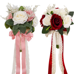 国境を越えて爆発した赤い色の結婚祝いの手は花の束のバラの花のレースのリボンを持って熱い販売のシミュレーションの花を持ちます。