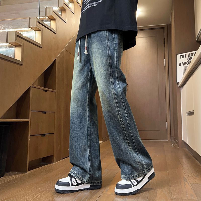 Spring and Autumn New Style Loose Straight Retro Jeans Men's Casual Pants Trendy Brand Versatile Drawstring American Style Slightly Flared Long Pants