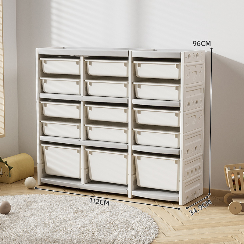 Juego de muebles infantiles de plástico con un armario de almacenamiento tipo cajonera de gran capacidad y varias capas para juguetes, para colocar contra la pared en la sala de estar.