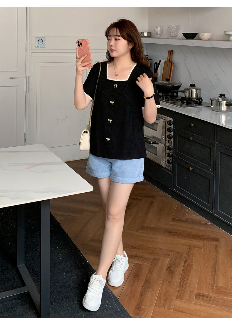 Talla grande mujer gorda mm manga corta camiseta verano 2025 nuevo 200 jin suelto máscara delgada cuello cuadrado top floral pic 11