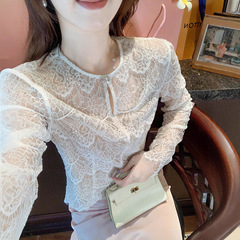 鱼兔子的兔子高级感镂空蕾丝上衣女初秋2025新款白色长袖小衫罩衫