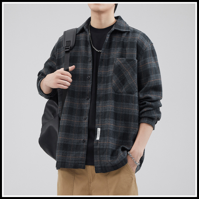 Spring and Autumn Brushed Thickened Men's Warm Plaid Long-Sleeve Heavy Retro Loose Woolen Shirt Casual Jacket Trendy