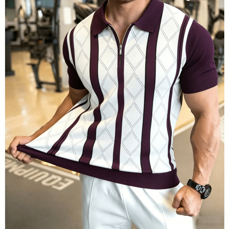 Half-Zip Diamond-Patterned Polo Short-Sleeve Men's Business Knit T-Shirt with Contrasting Vertical Ribbed Cuffs Half-Zip Diamond-Patterned Polo Short-Sleeve Men's Business Knit T-Shirt with Contrasting Vertical Ribbed Cuffs