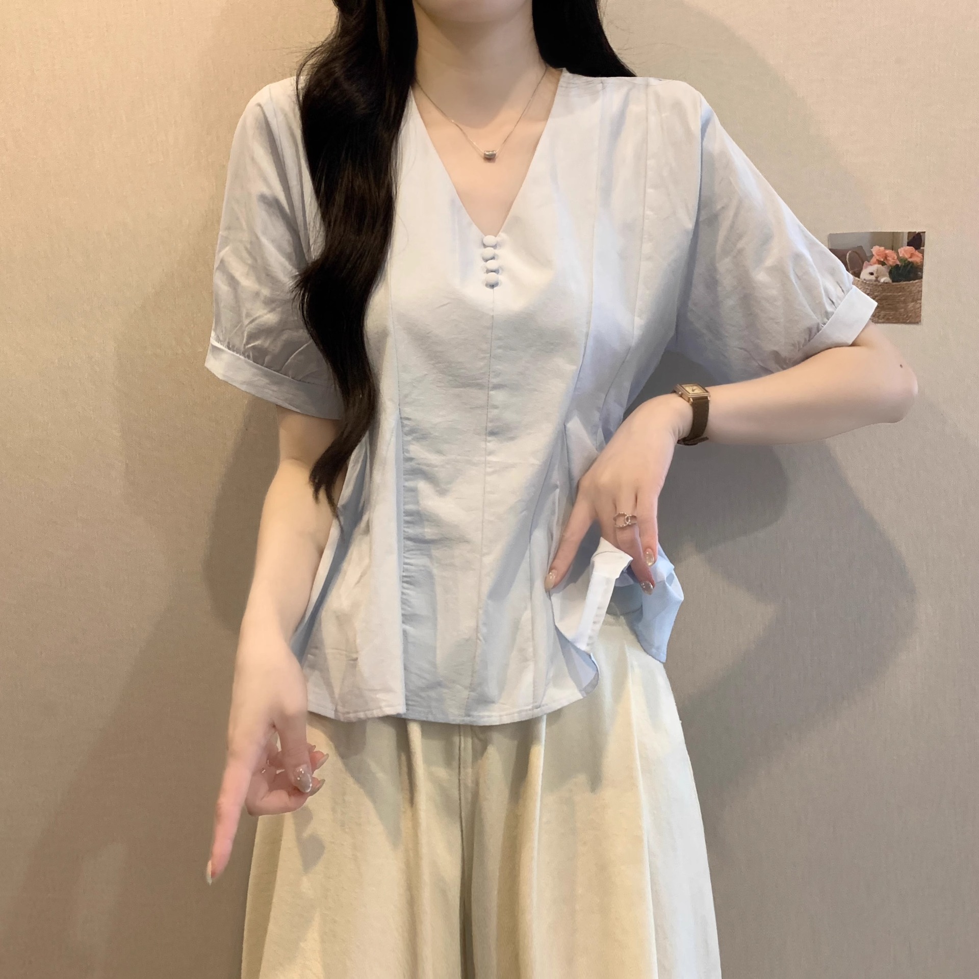 Áo sơ mi nữ cỡ lớn tay ngắn màu xanh lam dáng suông che khuyết điểm — Màu xanh lam chi tiết 6
