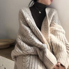 慵懒风复系毛衣外套女秋冬季宽松外穿加厚麻花中长款针织开衫