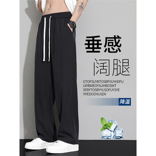 2025 Summer Thin Casual Pants Men's Trendy Brand Loose Straight Elastic Waist Silky Breathable Ice Wide Leg Pants Trousers