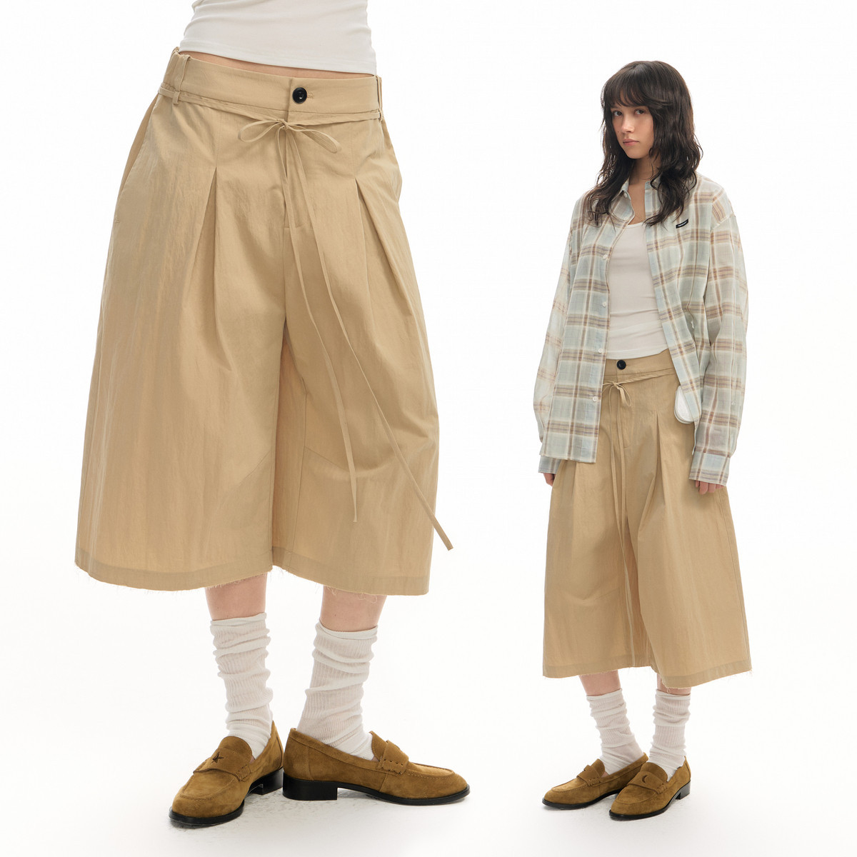 Pleated Ribbon Fringe Cropped Pants Unisex Summer Loose Wide-Leg Casual Mid-Length Gray Shorts Summer