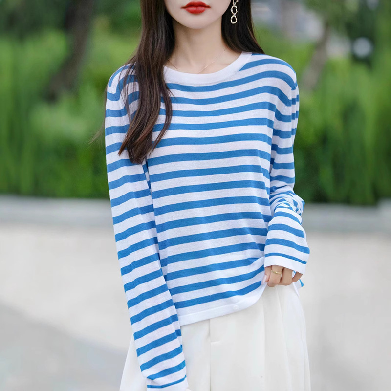 Striped Air-Conditioning Shirt Spring & Fall New Round Neck T-Shirt Women's Outer Wear Long-Sleeved Flesh-Covering Knitwear with Bottoming Shirt Knitwear
