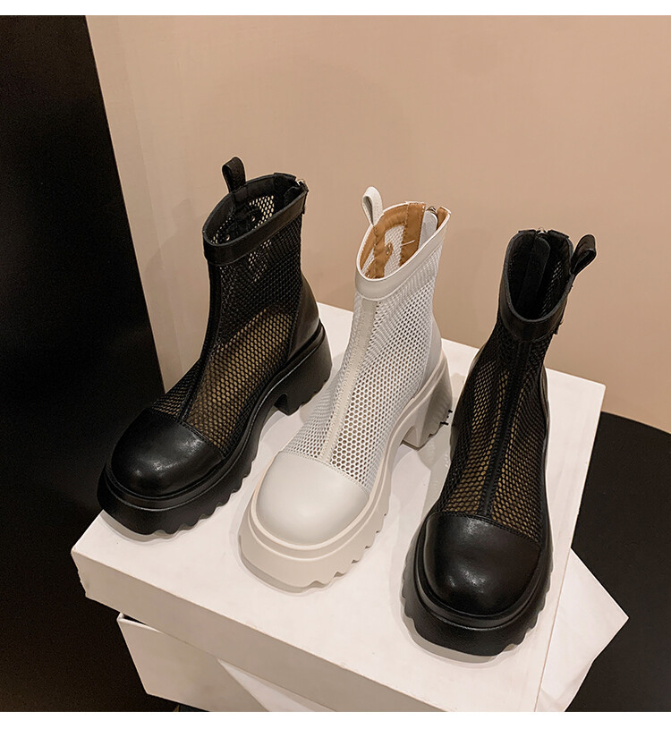 Boot nữ cổ cao đế dày gót bánh xốp da bò lưới thoáng khí xuân hè 2024 — Màu đen, Màu trắng be chi tiết 40