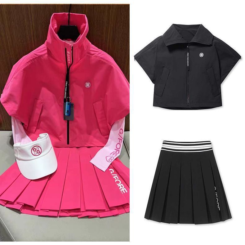 Spring and Autumn Korean Golf Clothing Women's Suit Lapel Stand-Up Collar Bat Shirt Short-Sleeved High-Waisted Pleated Skirt