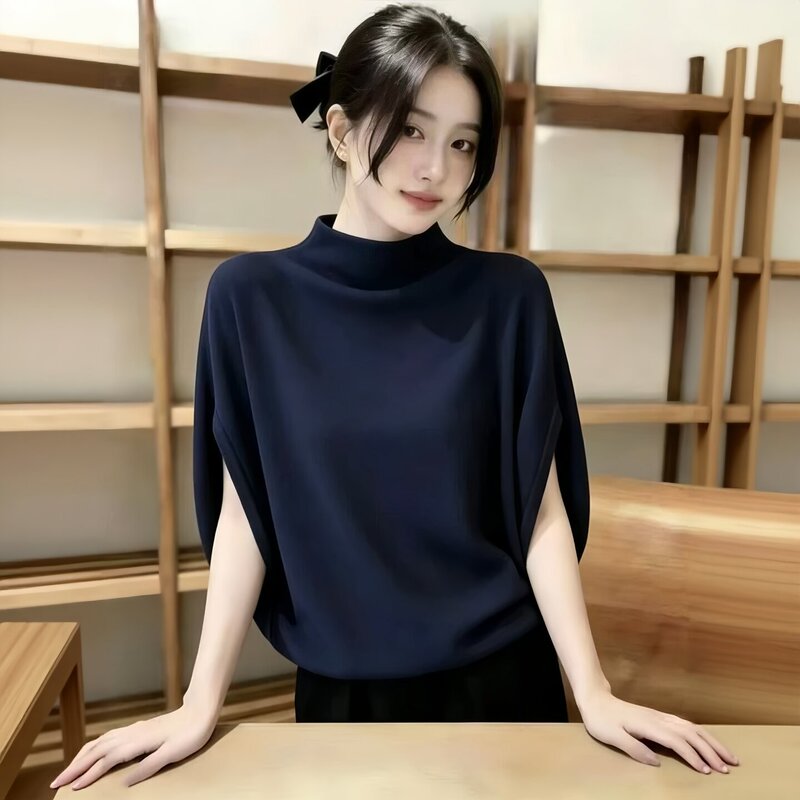 Simple, half-turtleneck, batwing-sleeve knitted T-shirt for women, a new early autumn style, loose-fitting, slimming, and versatile top Simple, half-turtleneck, batwing-sleeve knitted T-shirt for women, a new early autumn style, loose-fitting, slimming, and versatile top