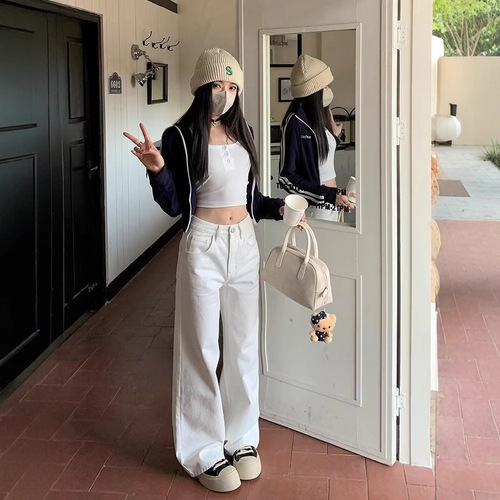 White wide-leg loose women's high-waisted slimming versatile straight-leg pants with a draping effect