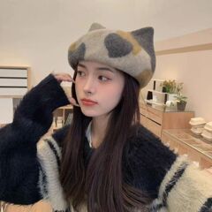 批发新款秋冬设计师款羊毛小猫耳朵贝雷帽子女甜美可爱撞色画家帽