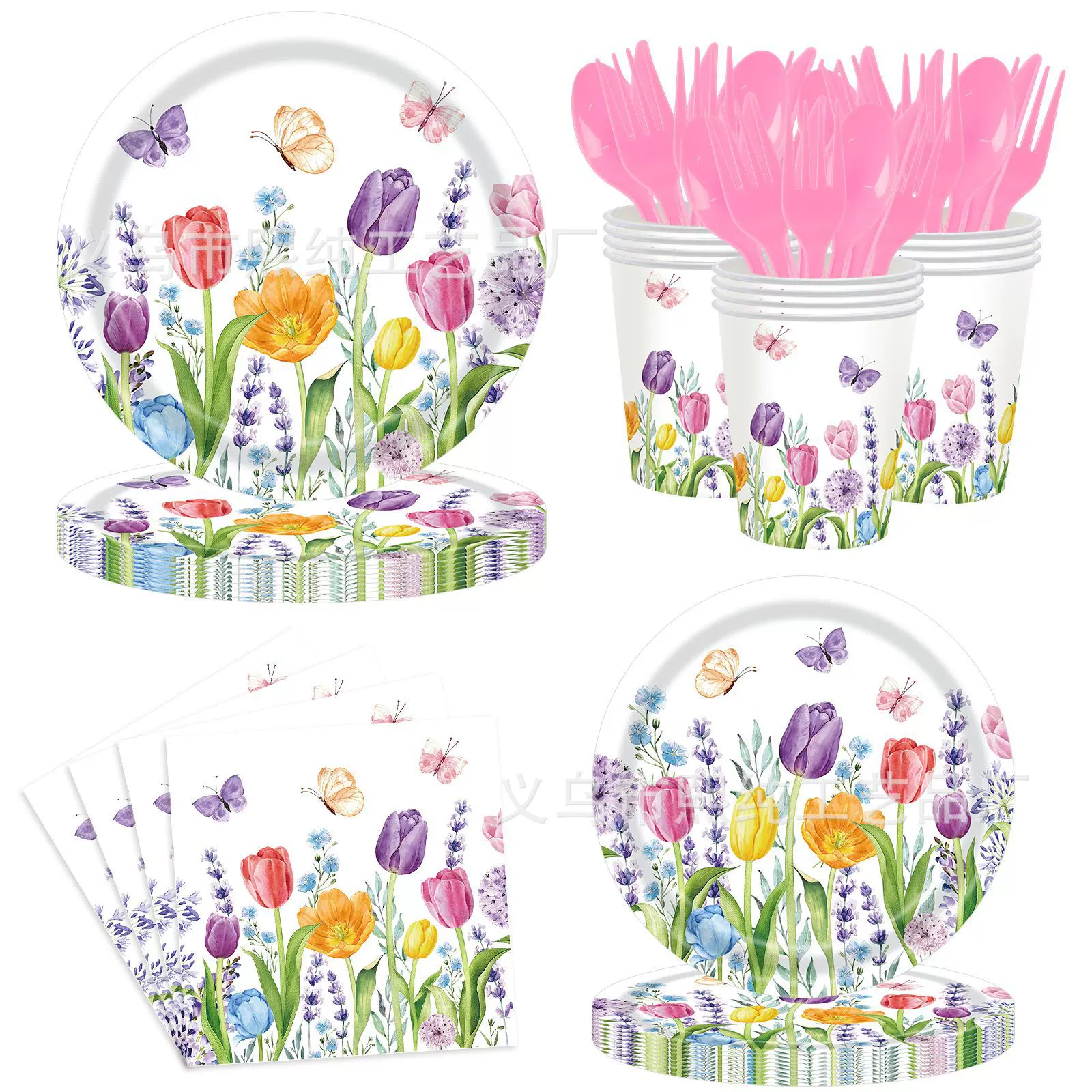 新款春季郁金香野花花卉主题一次性纸盘纸杯纸巾套装派对布置用品