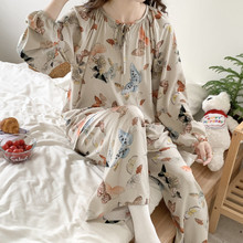 春秋夏季薄款棉绸睡衣女长袖长裤网红风甜美蝴蝶可外穿家居服套装