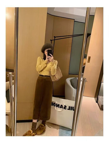 Retro corduroy skirt for women's autumn new style Korean high-waist A-line skirt medium and long split hip skirt