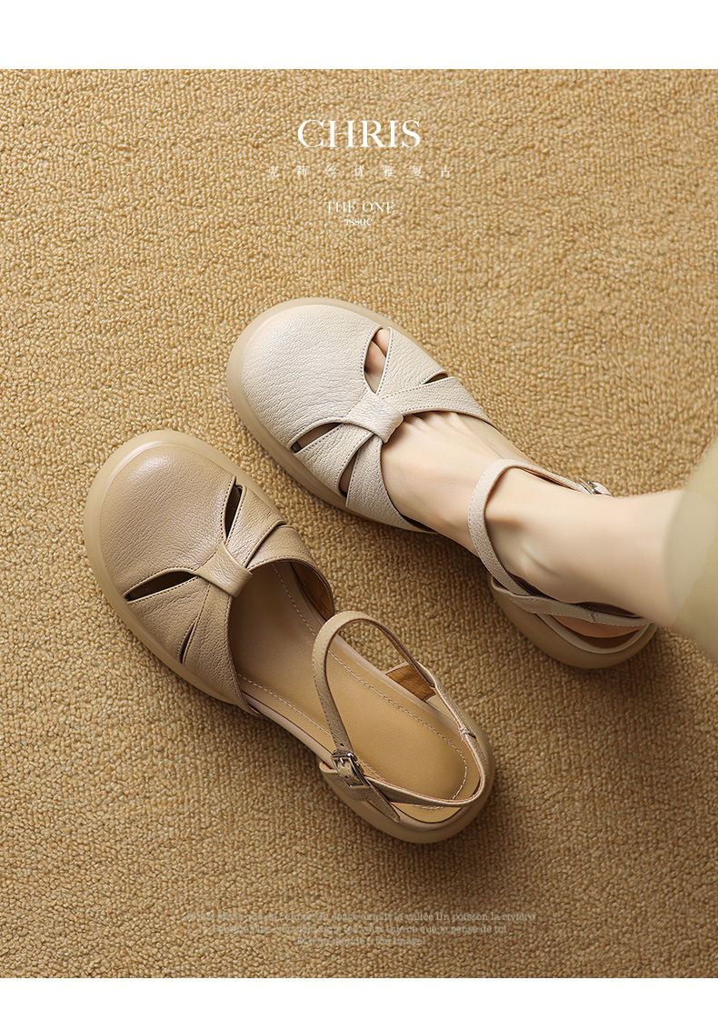Sandal nữ bít mũi quai ngang da cừu đế dày — Màu trắng be chi tiết 2