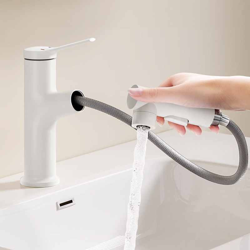 Brass Pull-Out Faucet for Bathroom Sink, Hot and Cold Water